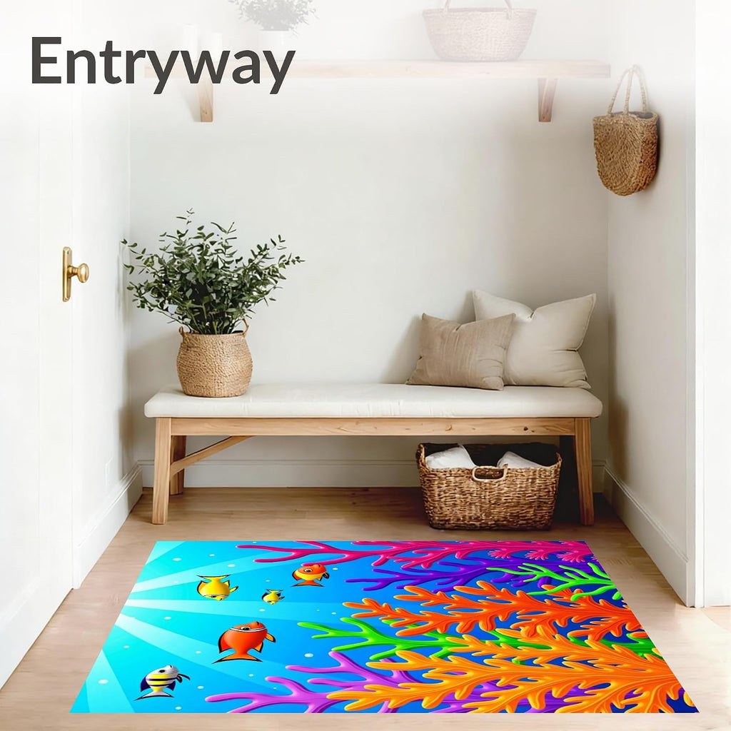 Design&I Low Pile Flatwoven Area Rug 5x7, Tropical Fish Coral Reef Marine Life Seascape, Machine Washable, Stain Resistant Indoor Rug for Living Room, Bedroom, Non Slip(Blue, 5x7, Pad)
