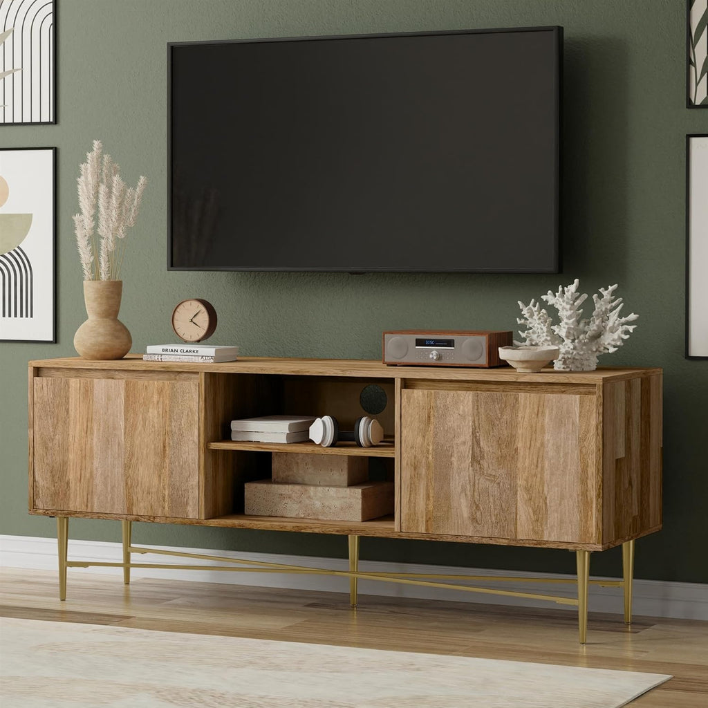 SIMPLIHOME Fallon SOLID MANGO WOOD 60 inch Wide Contemporary TV Media Stand in Natural For TVs up to 65 inches for the Living Room and Entertainment Center