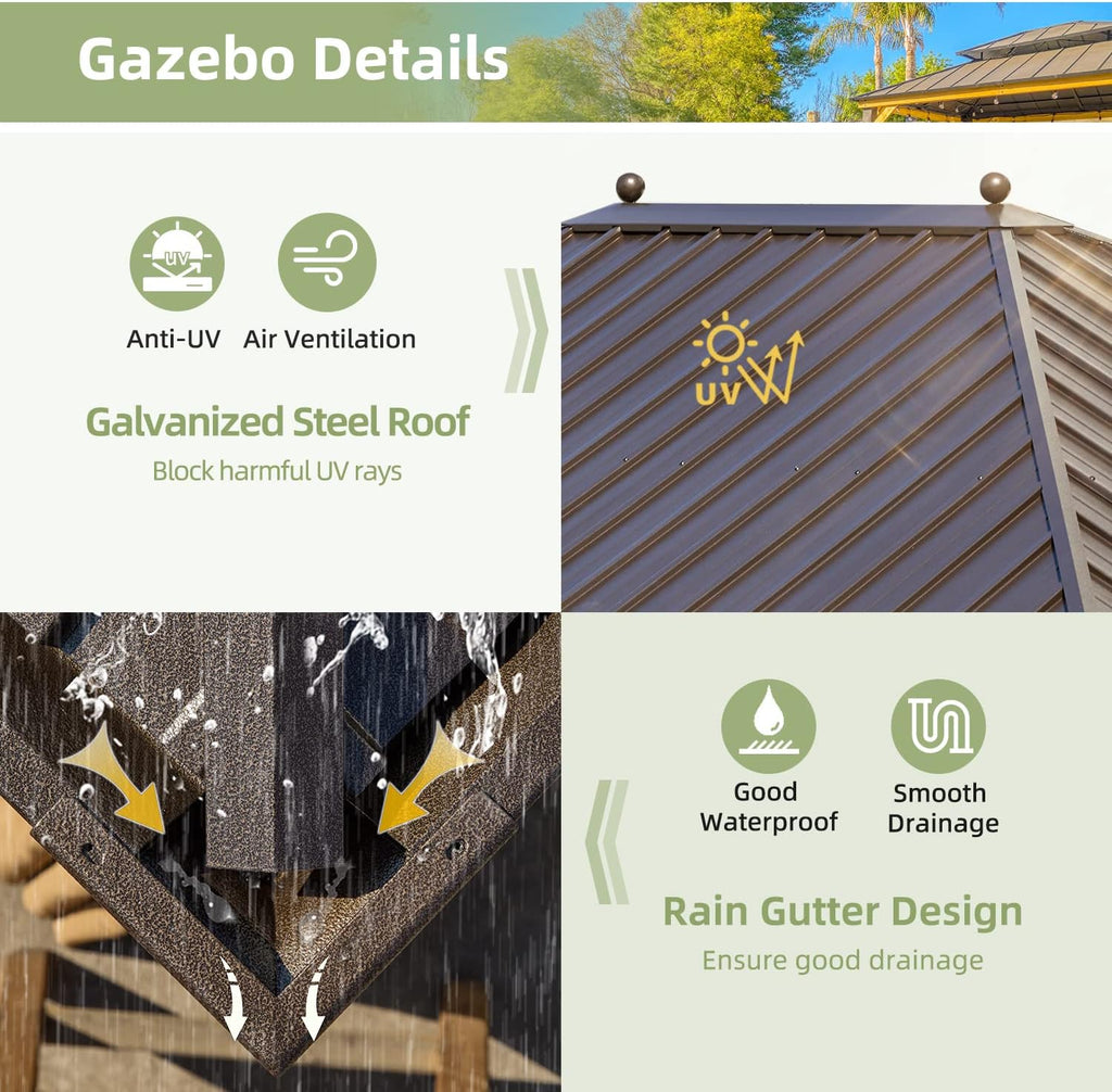 YOLENY 12' X 16' Hardtop Gazebo Galvanized Steel Outdoor Patio Canopy Permanent Gazebos with Single Roof Aluminum Frame, Netting & Curtains for Garden, Patio, Lawns, Deck