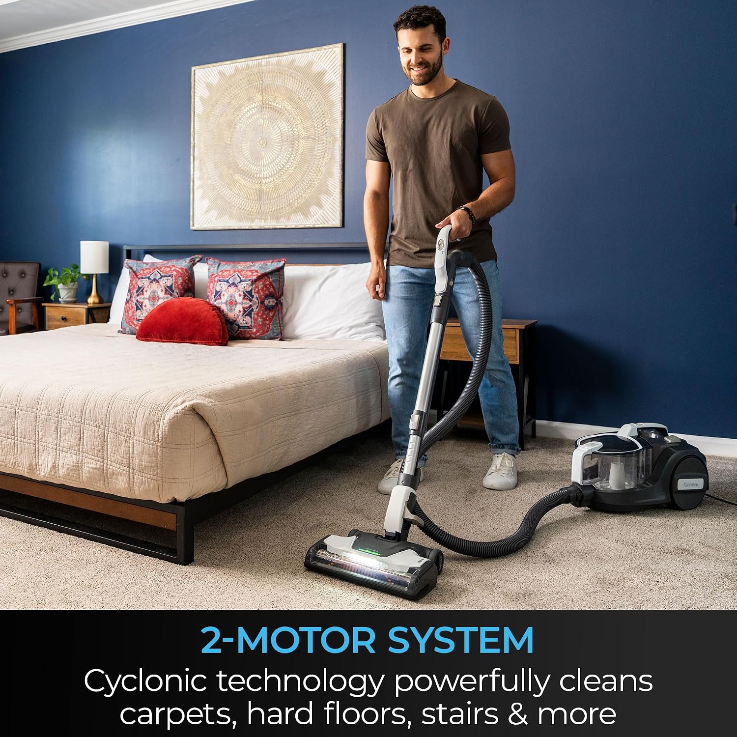 Kenmore DC5070 500 Series Bagless Canister Vacuum with Hair Eliminator Brushroll，2-Motor Cyclonic Technology, HEPA Filtration & 24' Auto Cord Rewind for Pet, Carpets, Hard Floors, Stairs, White