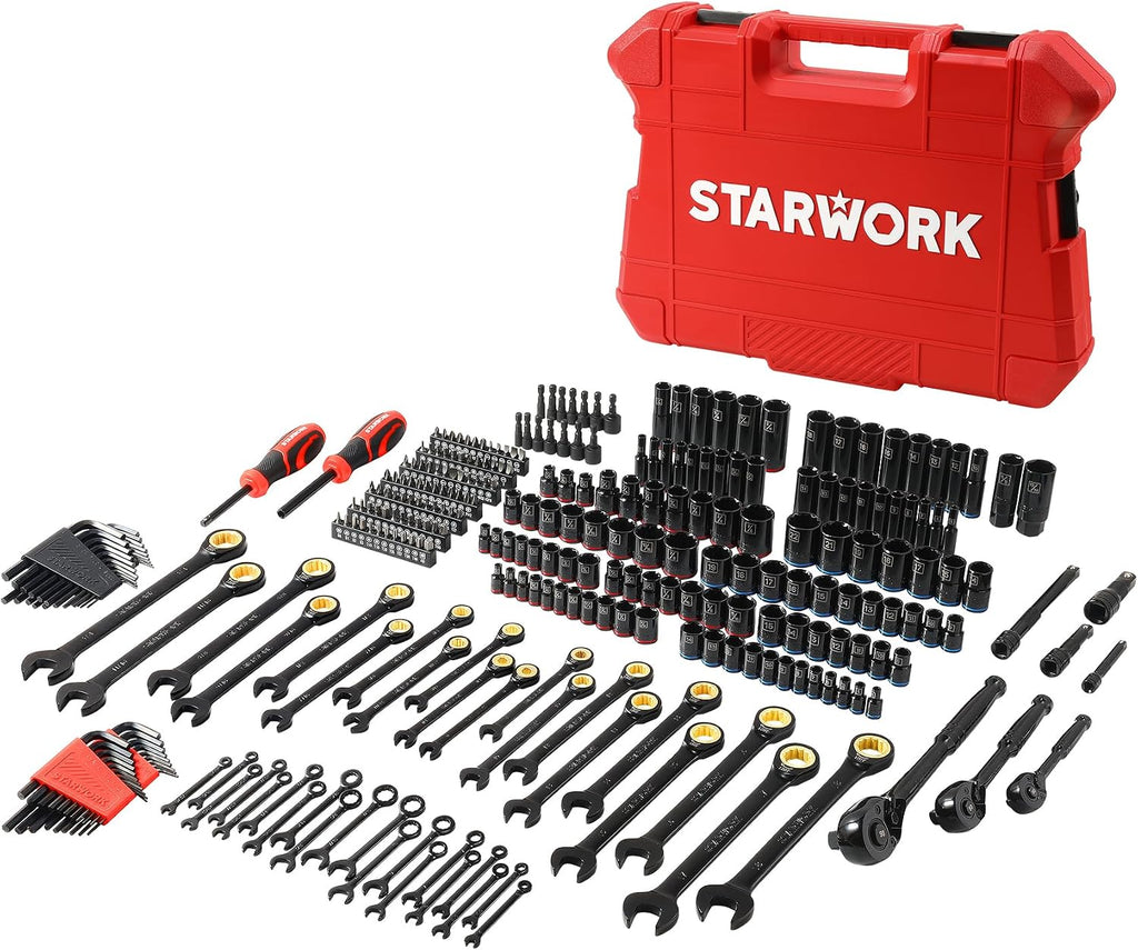 STARWORK TRUE MECHANIC 303-Piece Mechanics Tool Set, 120-Tooth Ratcheting Wrench Set, 1/4', 3/8', 1/2' Drive, Professional, SAE/Metric