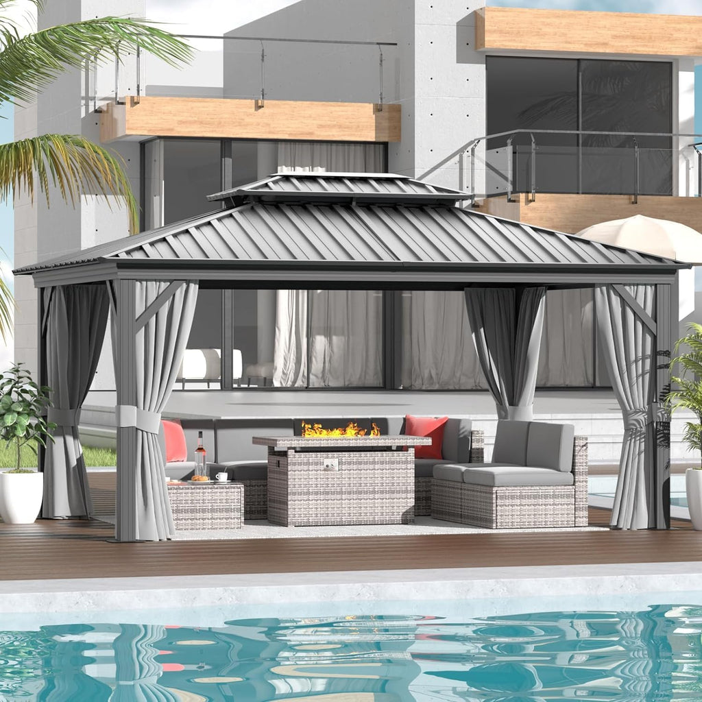 oneinmil Hardtop Gazebo 12FT X 16FT, Outdoor Pergolas with Mosquito Netting and Curtains, Galvanized Steel Double Roof Permanent Aluminum Gazebo, for Gardens, Decks, Patios, Parties