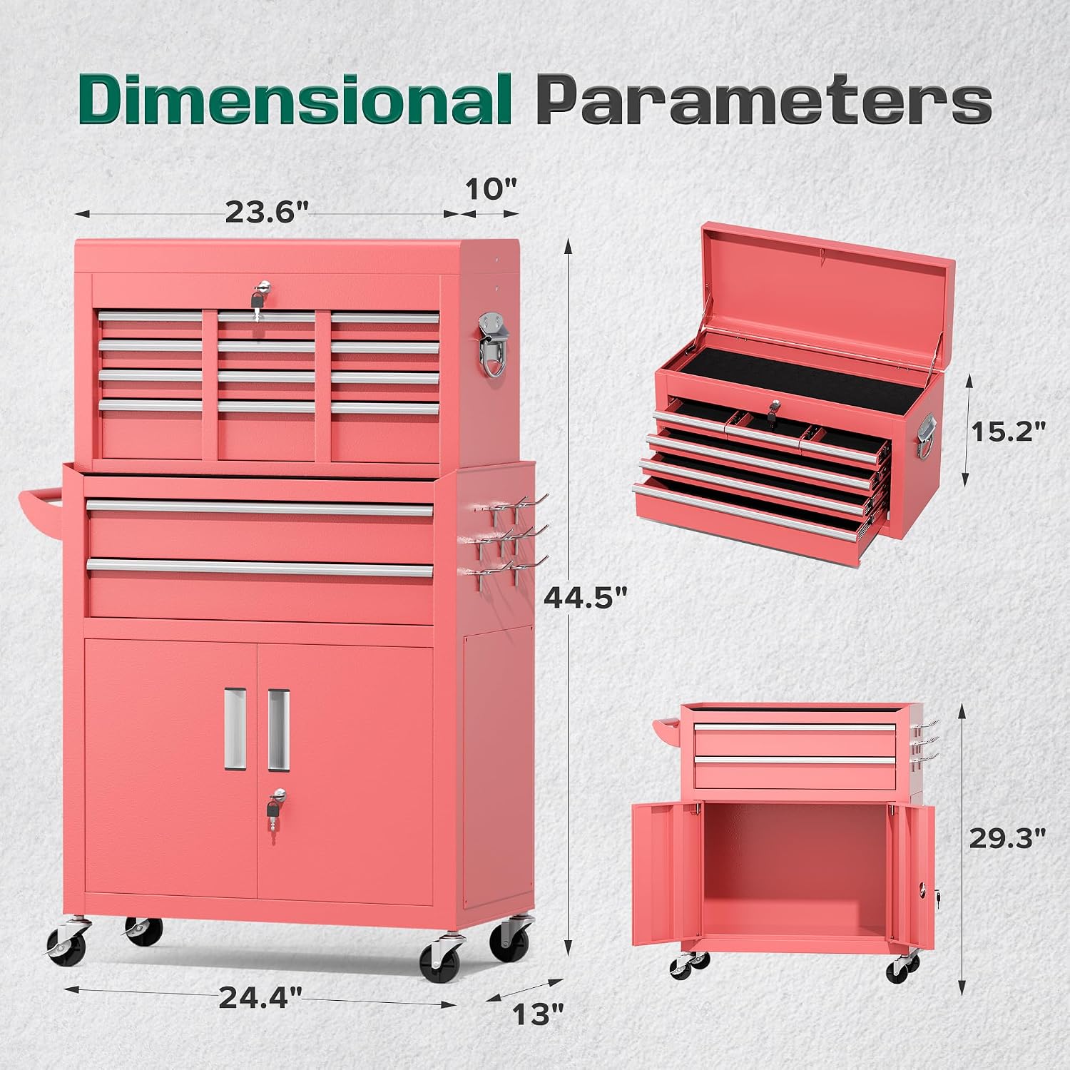 Greenvelly Tool Chest, 8-Drawer Rolling Tool Chest with Hooks and Lockable Wheels,Metal Storage Detachable Top Tool Box with Lockable Wheels for Garage,Workshop,Art Studio(Pink)