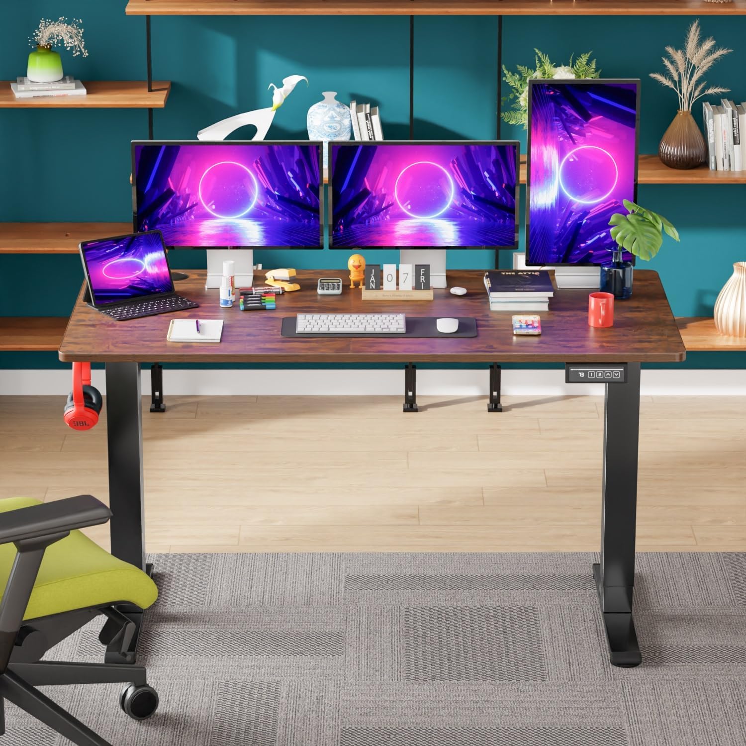 PayLessHere 55 Inch Electric Standing Desk Sit Stand up Desk Home Office Desk with Large Space Headphone Holder 2 Memory Function for Home,Office,Meeting Room (Brown)