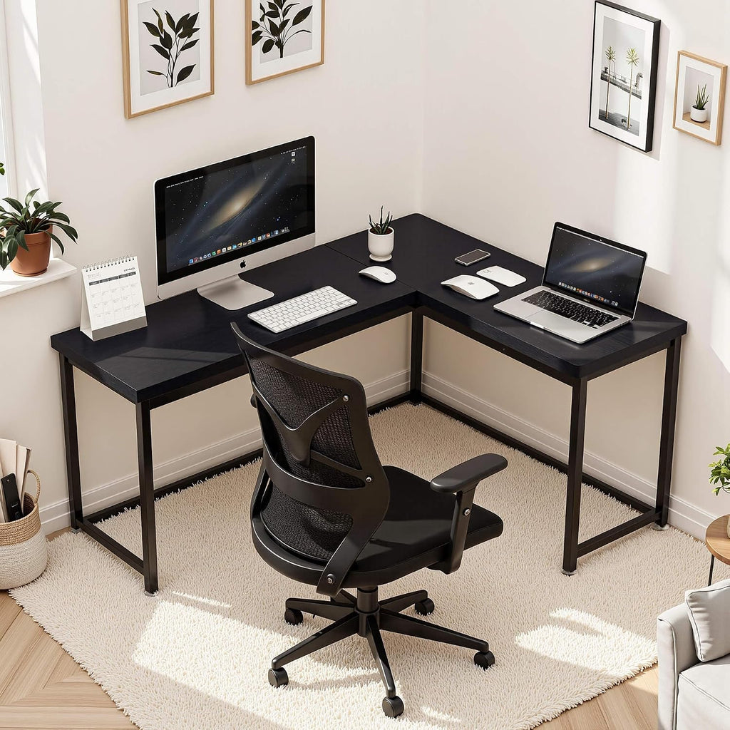 ivinta L Shaped Desk, Modern Corner Home Office Computer Desk with 2' Thicker Desktop for Study Work, Simple Reversible Worksation with Metal Frame for Bedroom Living Room Novas (Black)