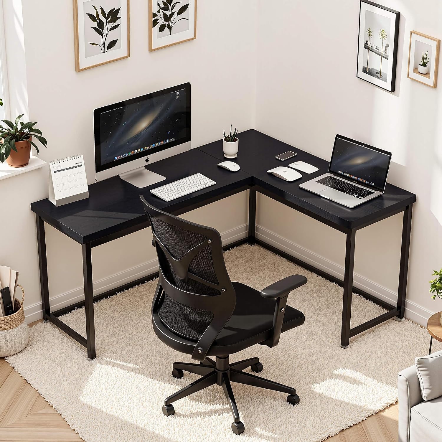 ivinta L Shaped Desk, Modern Corner Home Office Computer Desk with 2' Thicker Desktop for Study Work, Simple Reversible Worksation with Metal Frame for Bedroom Living Room Novas (Black)