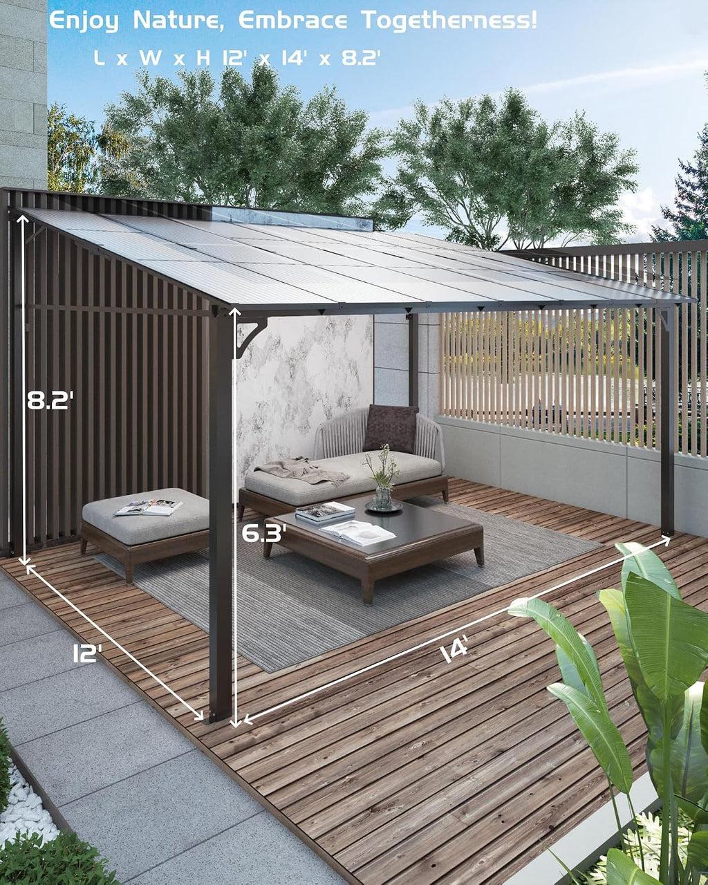 12'x 14'Wall Mounted Gazebo, Hardtop Lean-to Pergola with Polycarbonate Roof, Heavy Duty Outdoor Patio Awnings for Deck, Porch, Backyard, Garden, Weather Resistant, Brown