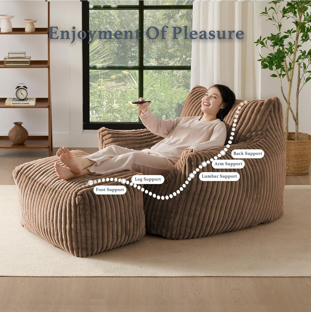 Gericco Oversized Bean Bag Chaise Lounge Chair Indoor for Adults with Armrests & Ottoman - Giant Comfy Khaki Beanbag Floor Sofa Cloud Accent Chair for Reading, Gaming, Cozy Plush Cloud Mini Couch