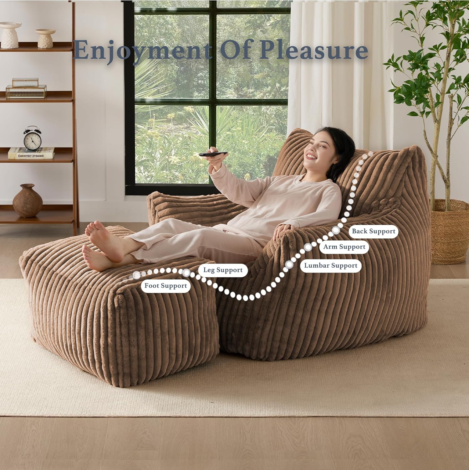Gericco Oversized Bean Bag Chaise Lounge Chair Indoor for Adults with Armrests & Ottoman - Giant Comfy Khaki Beanbag Floor Sofa Cloud Accent Chair for Reading, Gaming, Cozy Plush Cloud Mini Couch