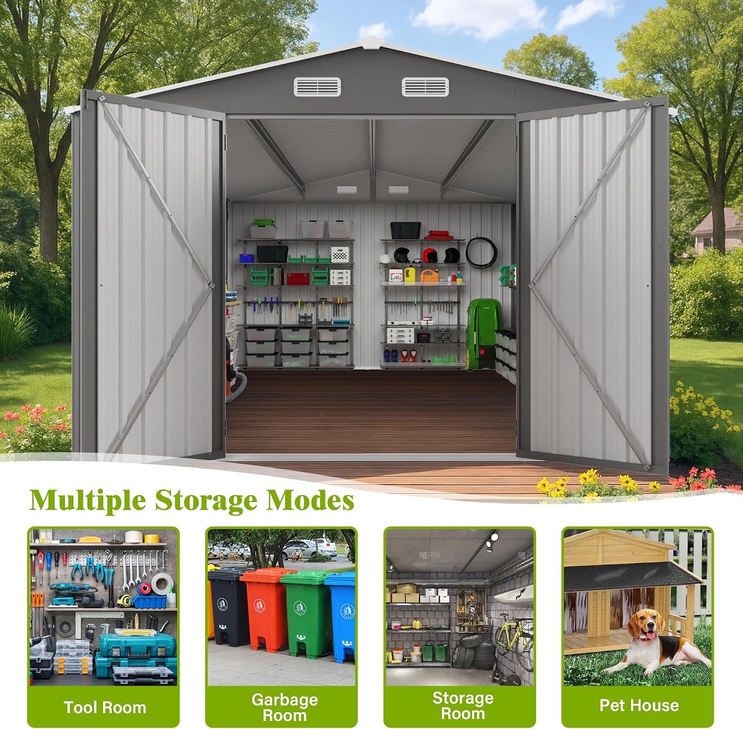 10x14 FT Outdoor Metal Storage Shed, Large Garden Backyard Tool Shed with Lockable Doors, Windows and Vents, Multi-Purpose Outside Bike Storage Sheds for Patio, Lawn, Poolside, Lawn Mowers, Gray