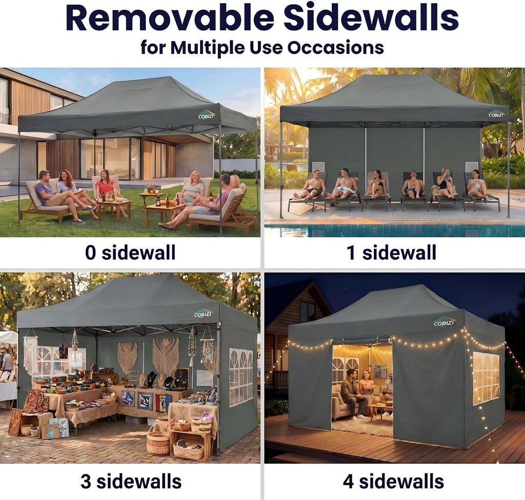 COBIZI 10x15 Pop up Canopy Tent 10x15 Canopy with 4 Sidewalls Waterproof Heavy Duty Commercial Canopy for Parties Outdoor Garden Gazebo Tent, Carry Bag(10x15ft, Gray)