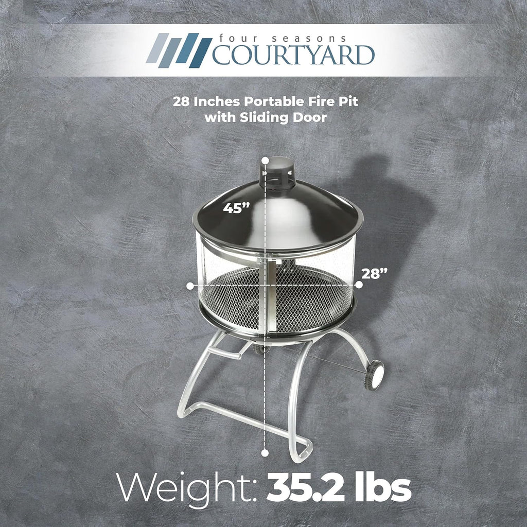 Four Seasons Courtyard Outdoor Fire Pit with Sliding Door, and Top Lid, 28'