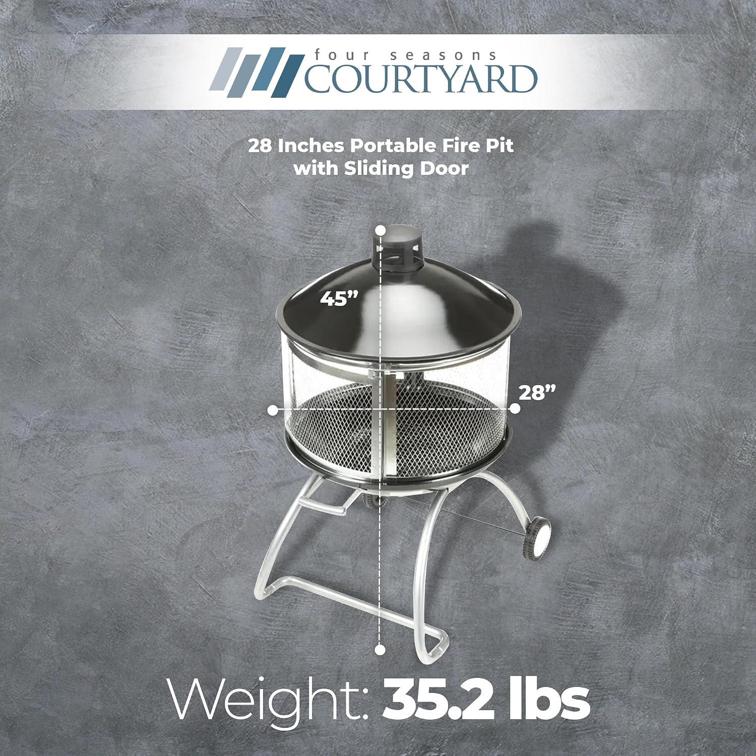 Four Seasons Courtyard Outdoor Fire Pit with Sliding Door, and Top Lid, 28'