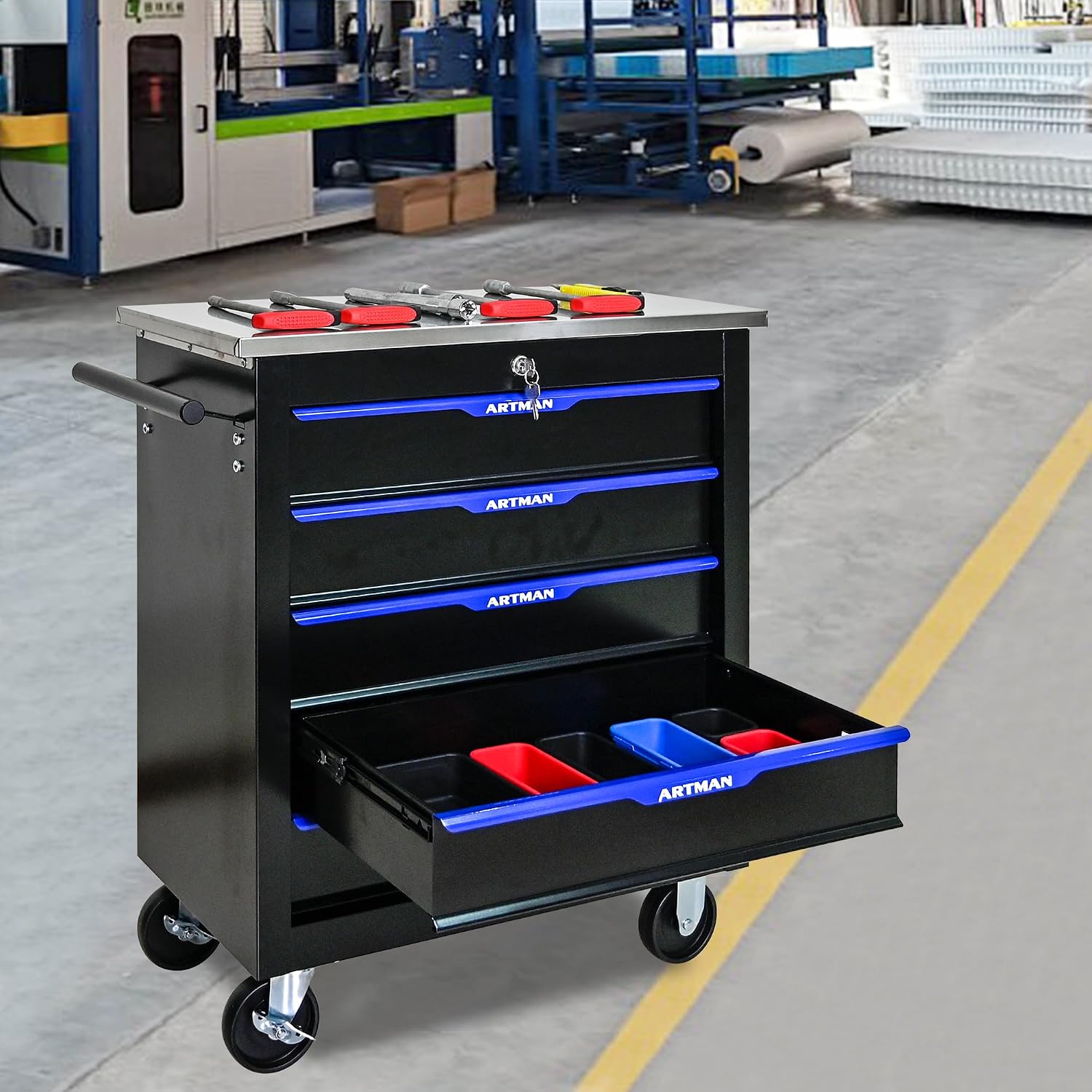 5 Drawers Rolling Tool Chest Cart PLUS ,Tool Storage Cabinet With 4 Wheels.Tool Cabinet Trolley With Locking System and Stainless Steel Countertops.Tool Storage Cart for Garage,Workshop,Warehouse