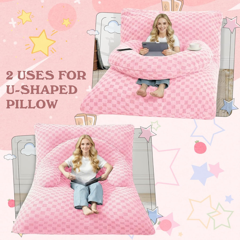 HABUTWAY 3 in 1 Bean Bag Chair with Portable U-Shaped Pillow, Giant Bean Bag with Washable Cover, Convertible Sofa Bed (Pink)