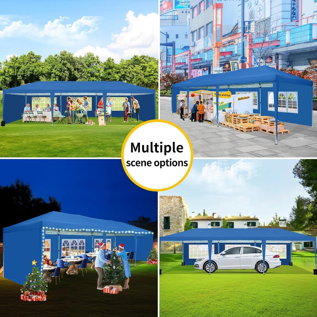 COBIZI 10x30 Pop Up Canopy Tent with 5 Sidewalls Party Tents for Parties Wedding Backyard Waterproof Outdoor Commercial Canopy Event with Sandbags, Blue