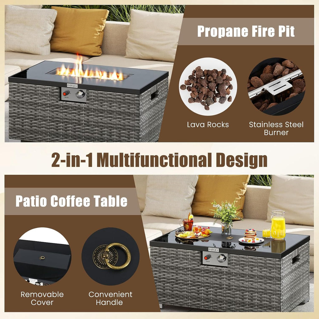 Tangkula 2 Piece Propane Fire Pit Table Set with Tank Cover, Outdoor Rattan Gas Firepit with Lid, Tempered Glass Tabletop, Protective Cover, 40,000 BTU Rectangle Fire Table Set for Outside (Mix Gray)