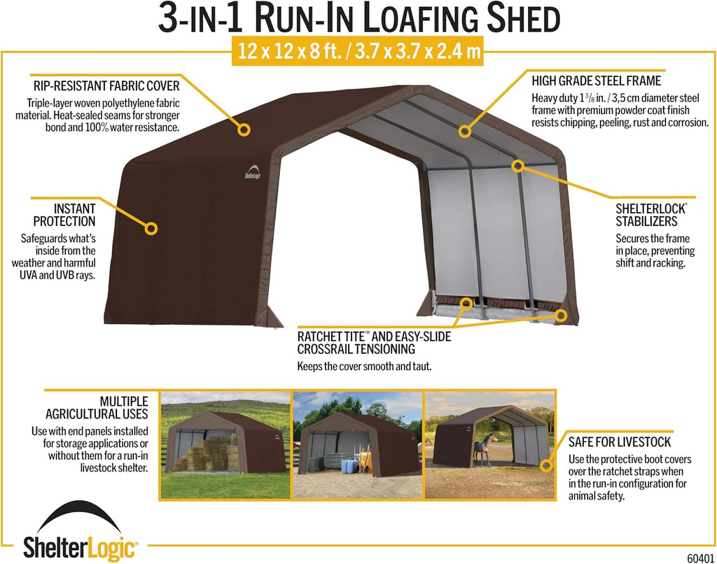 ShelterLogic 12' x 12' x 8' 3-in-1 Outdoor Loafing Shed Animal Shelter with Waterproof Cover, All-Weather Outdoor Storage Shed for Animals, Agriculture, and Farm Equipment, Brown