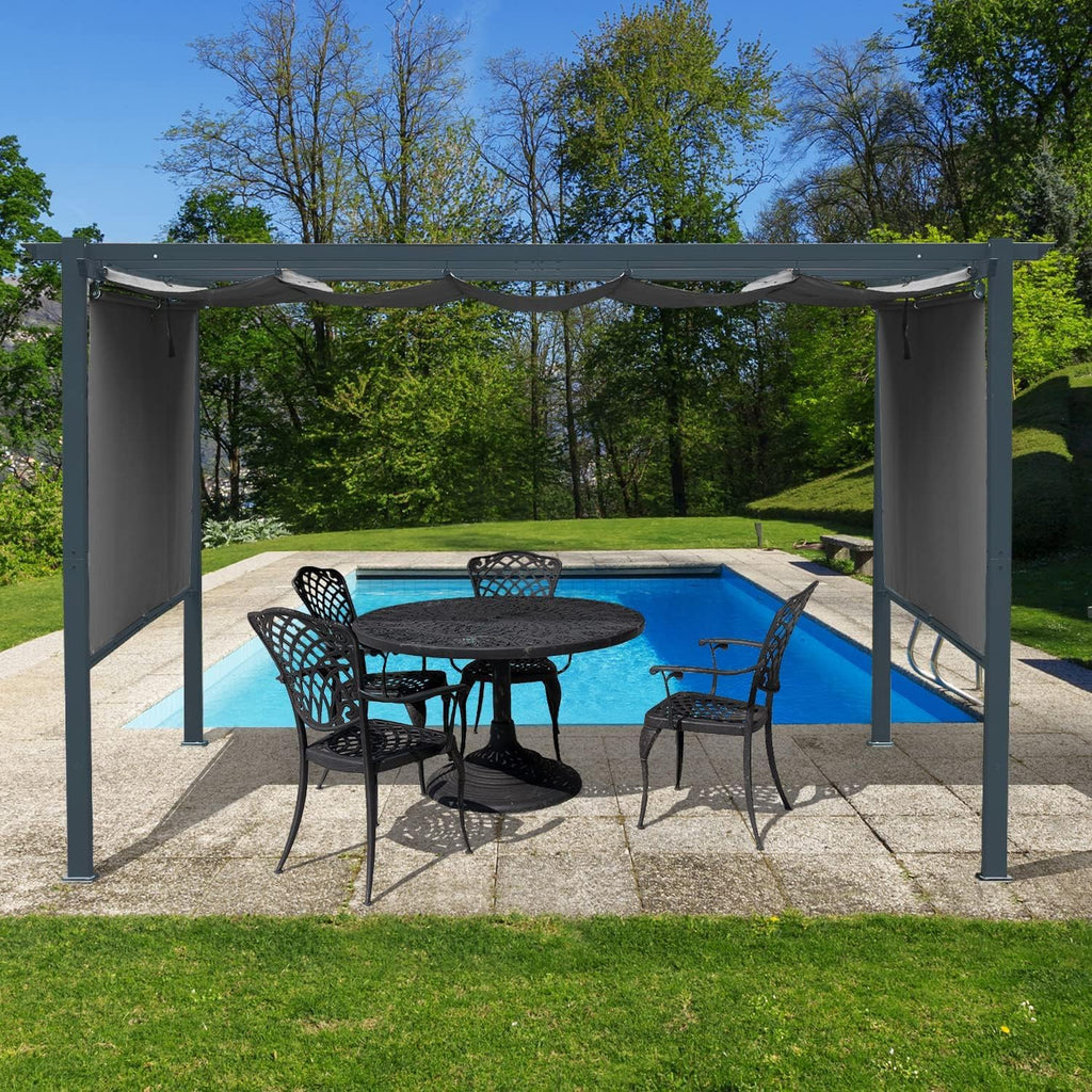 Aoodor 10 x 12 ft Outdoor Pergola with Retractable Shade Canopy, Matte Aluminum Frame, 4 Roller Shade Curtains, Grape Trellis for Patio, Backyard, Garden, and Deck, Grey