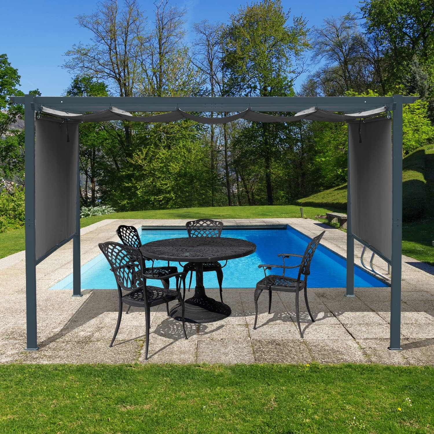 Aoodor 10 x 12 ft Outdoor Pergola with Retractable Shade Canopy, Matte Aluminum Frame, 4 Roller Shade Curtains, Grape Trellis for Patio, Backyard, Garden, and Deck, Grey