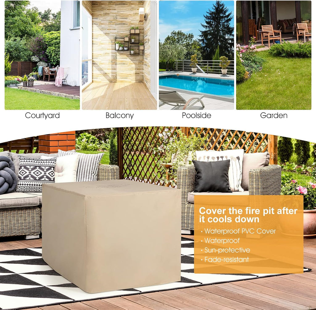 Tangkula 35 Inch Rattan Propane Gas Fire Pit Table, Patiojoy 50,000 BTU Outdoor Wicker Patio Propane Fire Pit w/Lid, Lava Rocks and PVC Cover, Auto-Ignition Square Firepit Table with Marble Tabletop