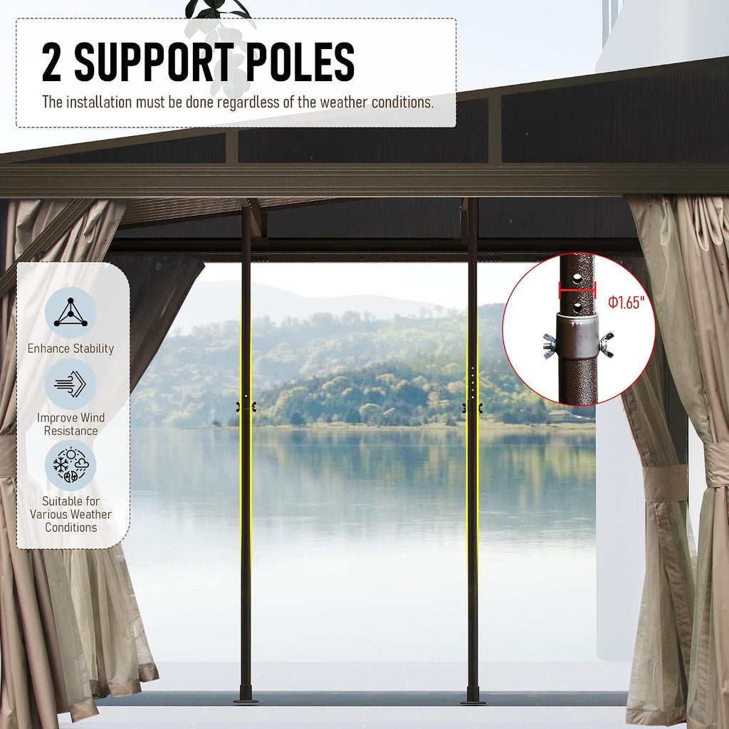 Domi 10x14FT Lean to Gazebo, Outdoor Hardtop Wall Mounted Heavy Duty Canopy with Sloping Galvanized Steel Roof, Aluminum Frame Mounted Gazebo, Netting and Curtain Included for Deck, Porch, Backyard