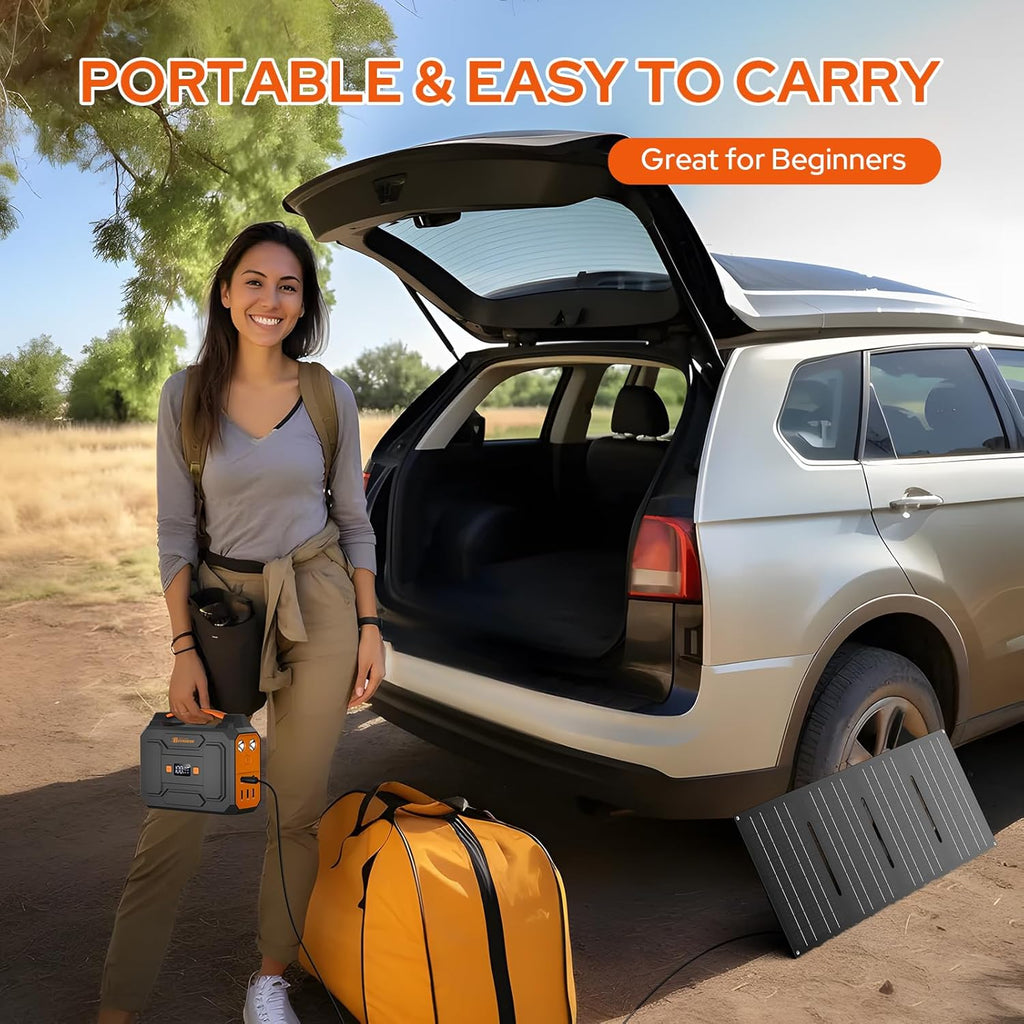 100W Portable Power Station with Foldable Solar Panel, 110V Camping Power Bank with AC Outlet, Rechargeable Battery Solar Generator Power supply for Smart Device Outdoor RV Travel, Emergency Backup