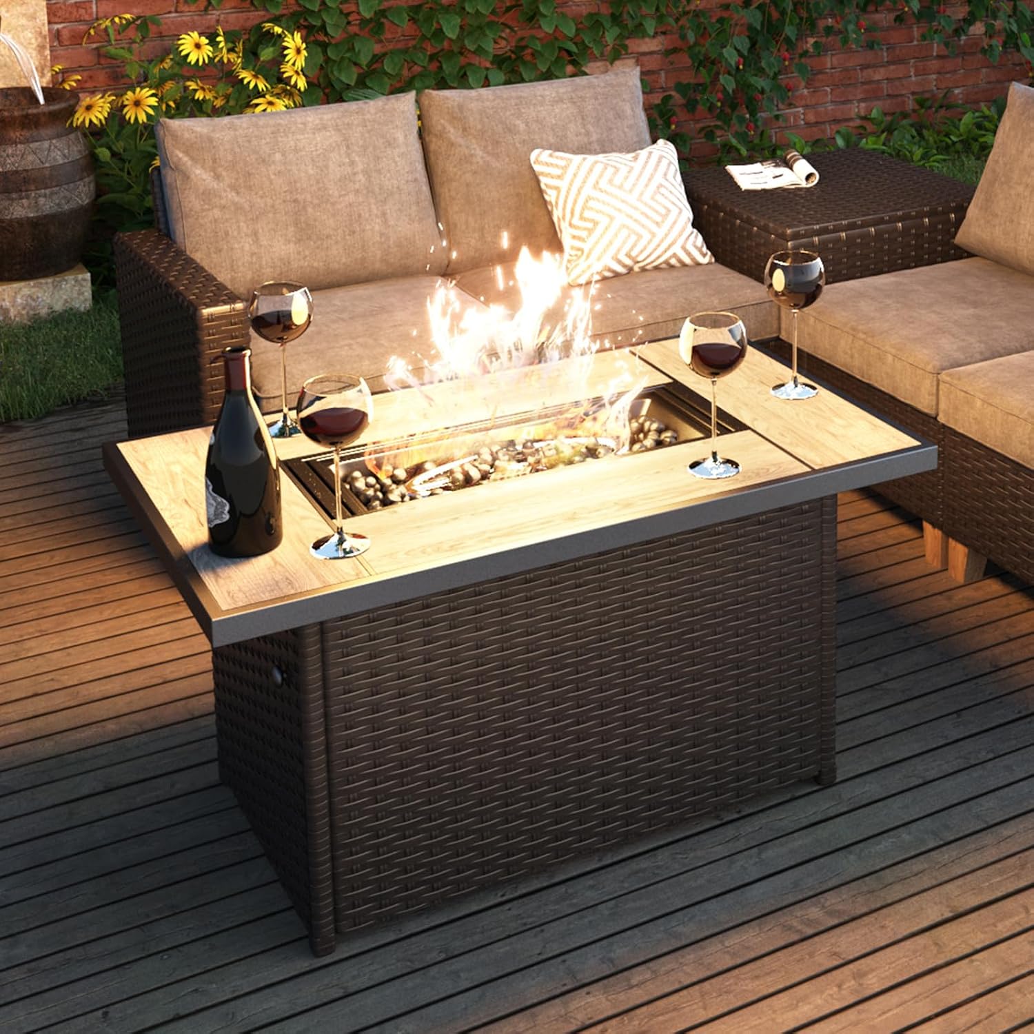 Grand Patio Outdoor 43-Inch CSA Safety Approved Gas Fire Pit Table 60,000 BTU Rectangle Propane Fire Pit with Ceramic Tile Top and Wicker Base