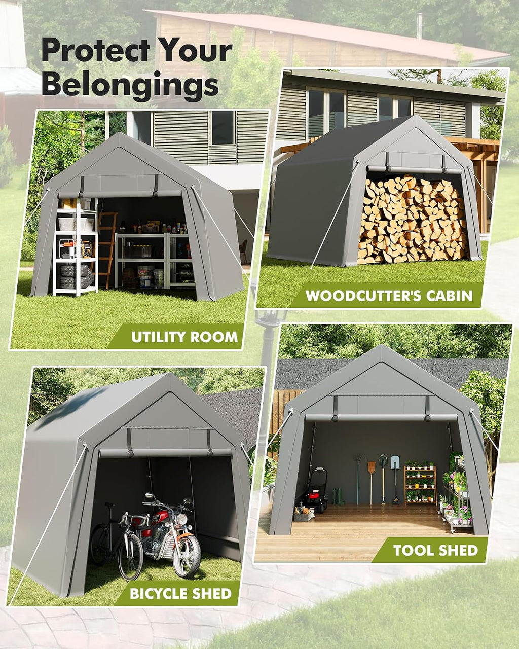 10 x 10 ft Carport Storage Shed, Shelter Logic with 2 Roll-up Zipper Door, Heavy Duty Waterproof Tarp, Storage Tent for ATV, Motorcycle, Bike, Garden Tools, Firewood