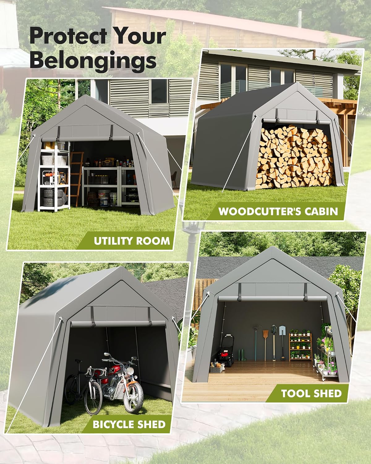10 x 10 ft Carport Storage Shed, Shelter Logic with 2 Roll-up Zipper Door, Heavy Duty Waterproof Tarp, Storage Tent for ATV, Motorcycle, Bike, Garden Tools, Firewood