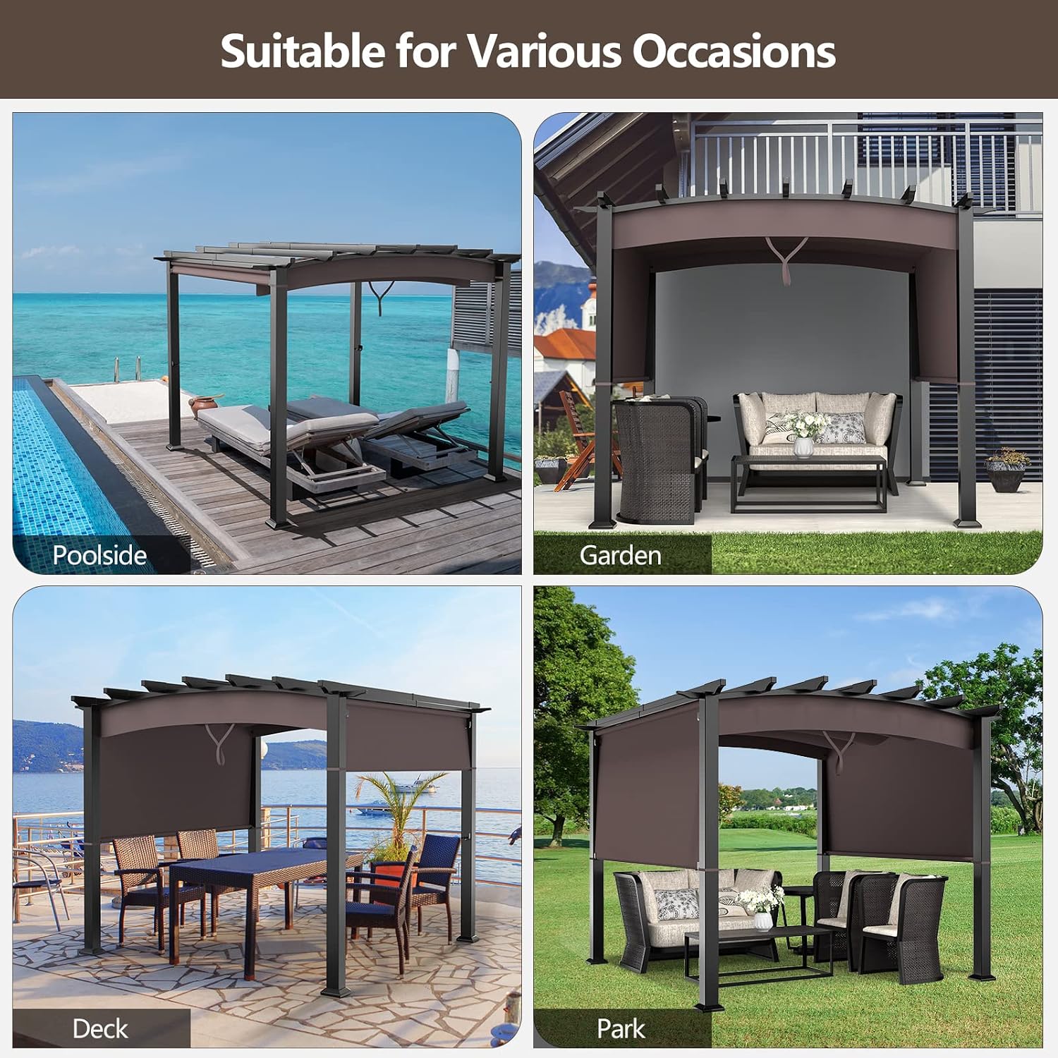 Tangkula 10ft x 10ft Outdoor Retractable Pergola, Patio Metal Pergola with Adjustable Sliding Sun Shade Canopy, Heavy-Duty Steel Frame, Patio Furniture Shelter for Backyard Garden Poolside (Brown)