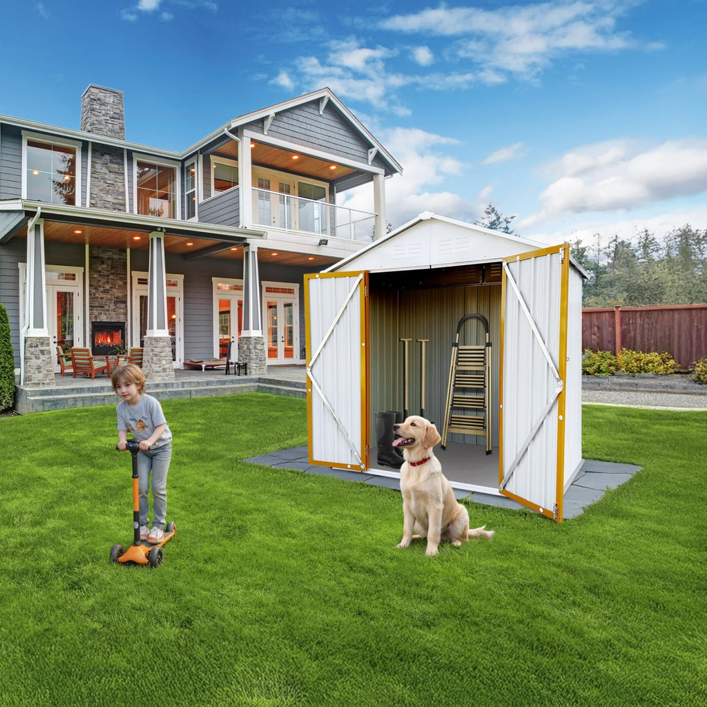 LINKHOO 6'x4' Outdoor Storage Shed，Apex Roof, White & Yellow