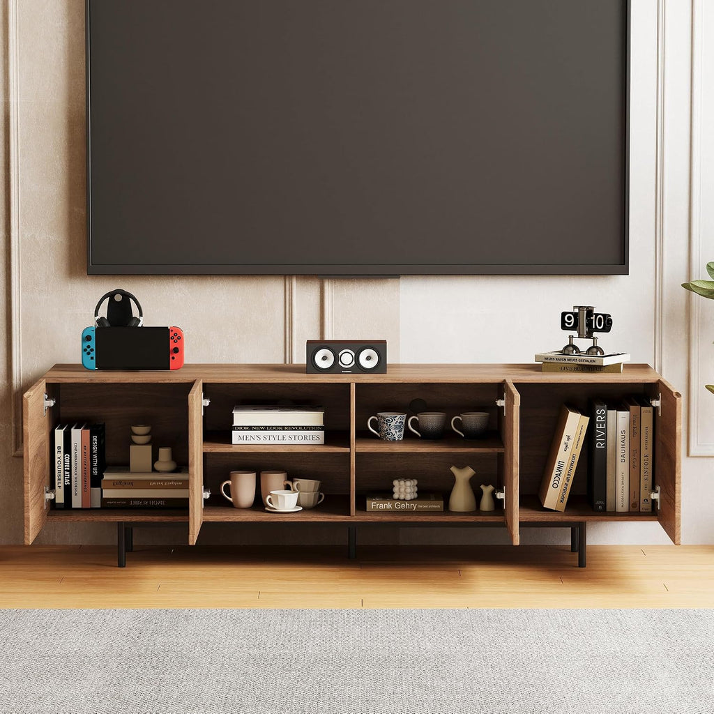 70.87' Mid Century Modern TV Stand, Walnut Media Console for 70 Inch TVs, Entertainment Cabinet with 4 Storage Compartments for Living Room or Bedroom