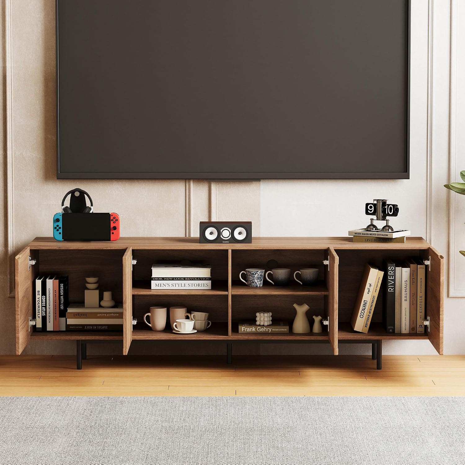 70.87' Mid Century Modern TV Stand, Walnut Media Console for 70 Inch TVs, Entertainment Cabinet with 4 Storage Compartments for Living Room or Bedroom