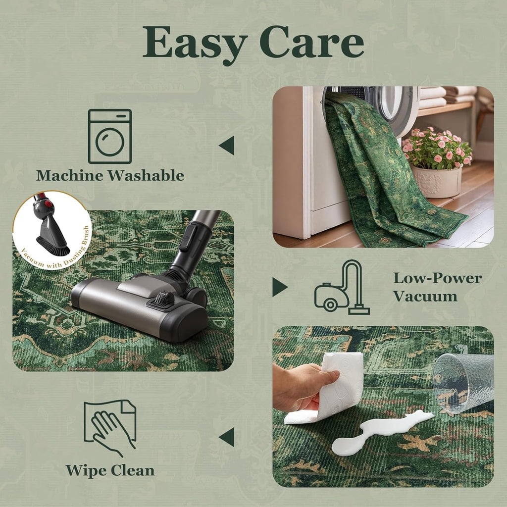 Green Large Area Rugs 10x12, Living Room Bedroom Carpet Extra Large Size Washable Non Slip, Vintage Distressed Medallio Low Pile Thin Rug for Big Dining Room
