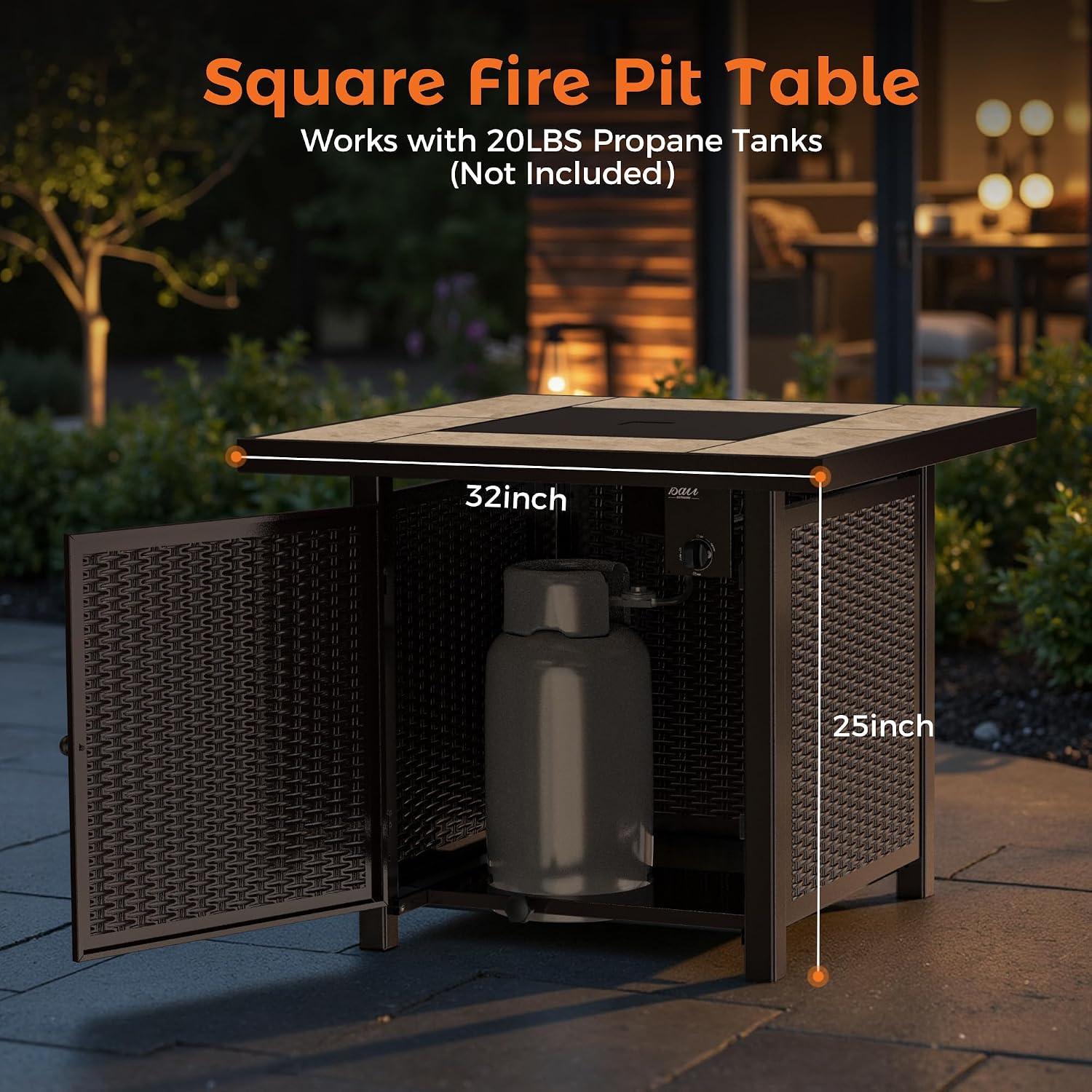BALI OUTDOORS Propane Gas Fire Pit Table 32 inch 50,000 BTU Square Gas Firepits for Outside, Brown