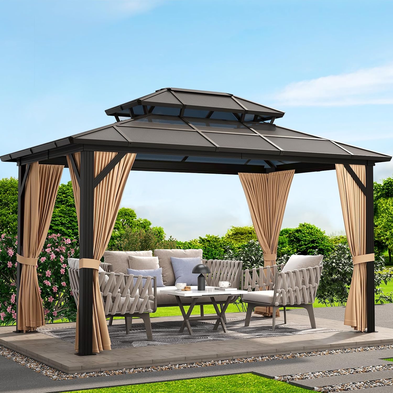13'x10' Aluminum Permanent Hardtop Gazebo with Double Roof, Includes Removable Curtains & Mosquito Netting for Patio, Garden, and Backyard Use