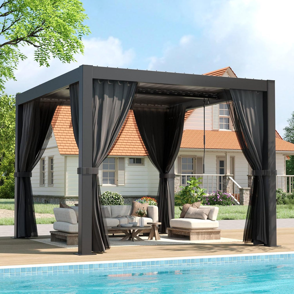 LVUYOYO 10' x 10' Louvered Pergola, Outdoor Pergola with Adjustable Roof, Aluminum Frame Metal Gazebo with Curtains and Netting for Patio, Backyard, Garden, Deck (Black)