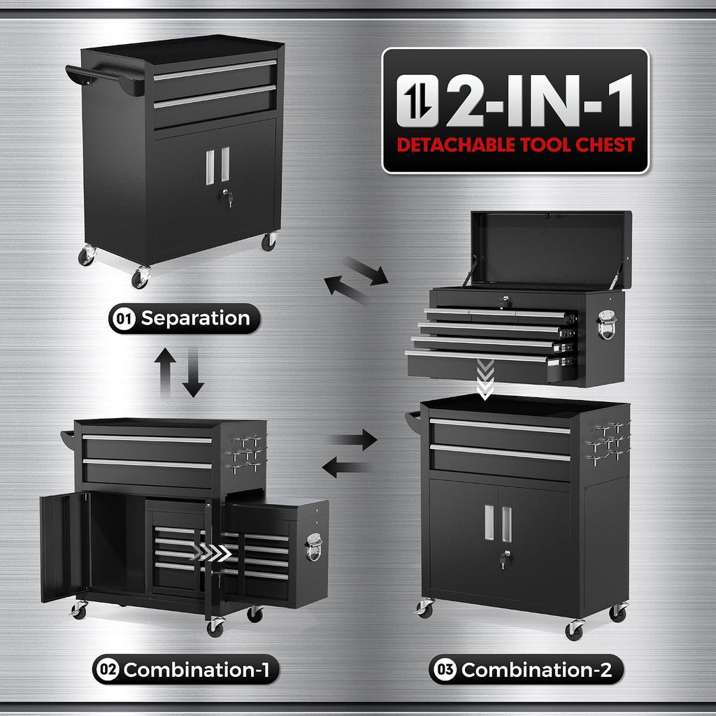 INTERGREAT 8-Drawers Rolling Tool Chest, Assembled Tool Chest with Wheels, Detachable Top Tool Box, Tool Cabinet for Repair Room,Warehouse, Rolling Tool Box with Hooks,Tray Divider,Liners(Black)