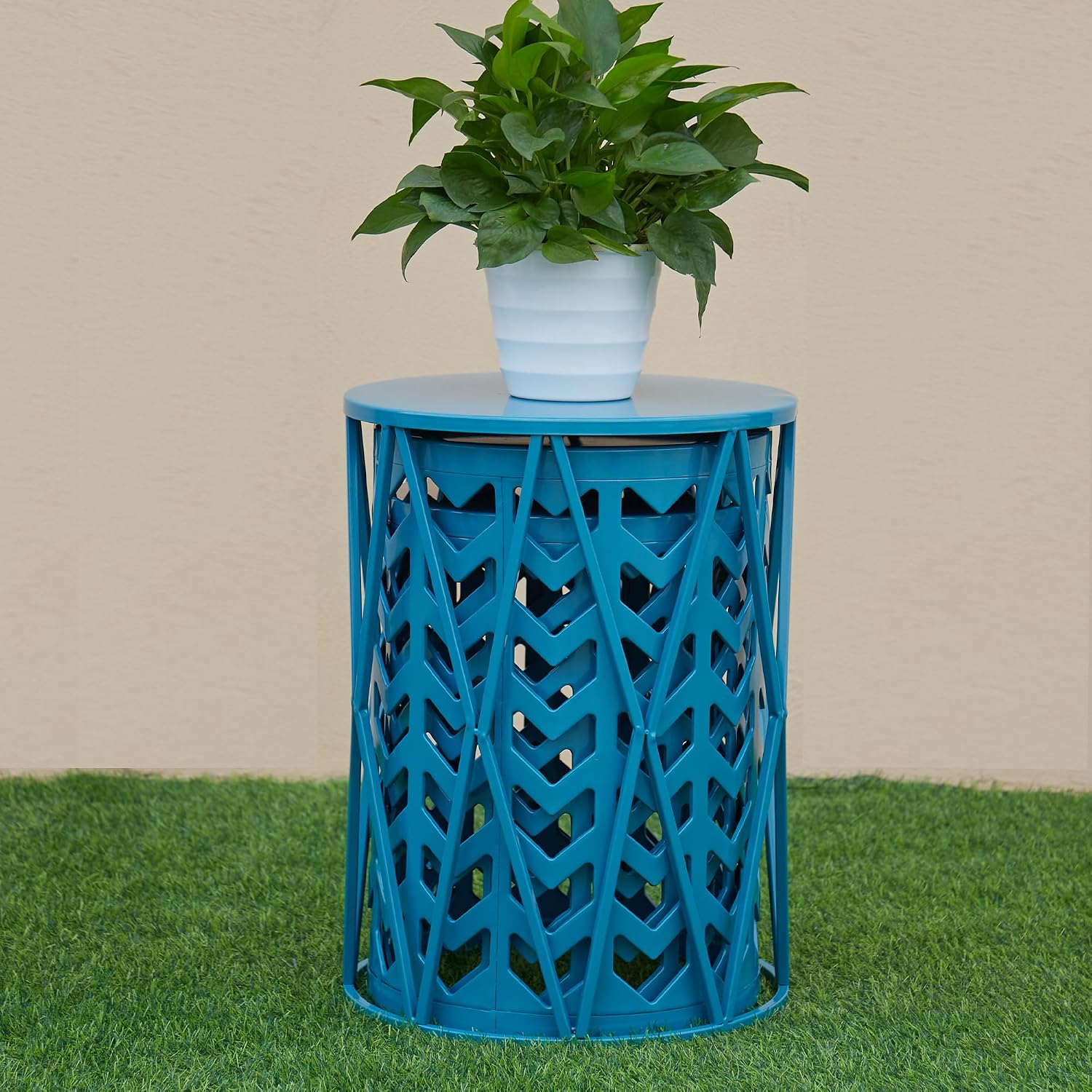 Y&M Set of 3 Nesting Metal Round Coffee Table, Side Table End Table for Indoor Outdoor Multifunctional Use,Heavy Duty Metal Plant Stand Decorative Garden Stool- Blue(Ship from US)