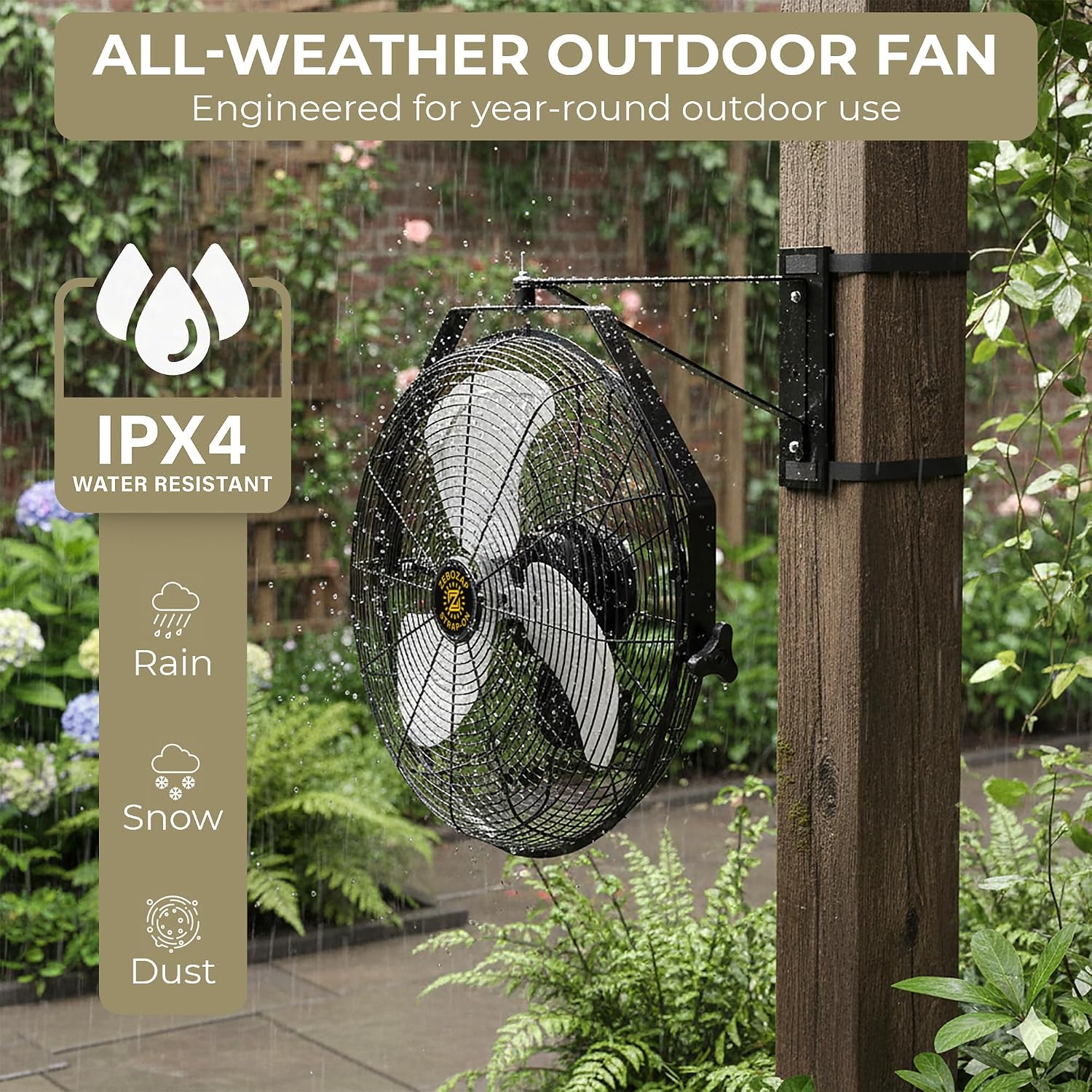 ZeboZap Walll and Pillar Mount Fan18 Inch IP44 Waterproof, 10ft Power Cord, 3 Speed, 4000CFM, Best for Commercial, Warehouse, Greenhouse, Workshop, Covered Patio, Gazebo and Factory, ETL Certified