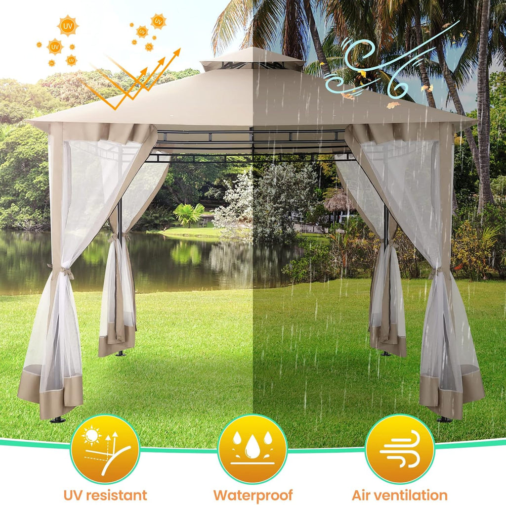 COBIZI Gazebo 10x10 Heavy Duty Gazebos with Improved Nettings Outdoor Gazebo Double Roof Patio Gazebos with Metal Steel Frame Outdoor Canopy for Patio, Deck, Backyard (Khaki)
