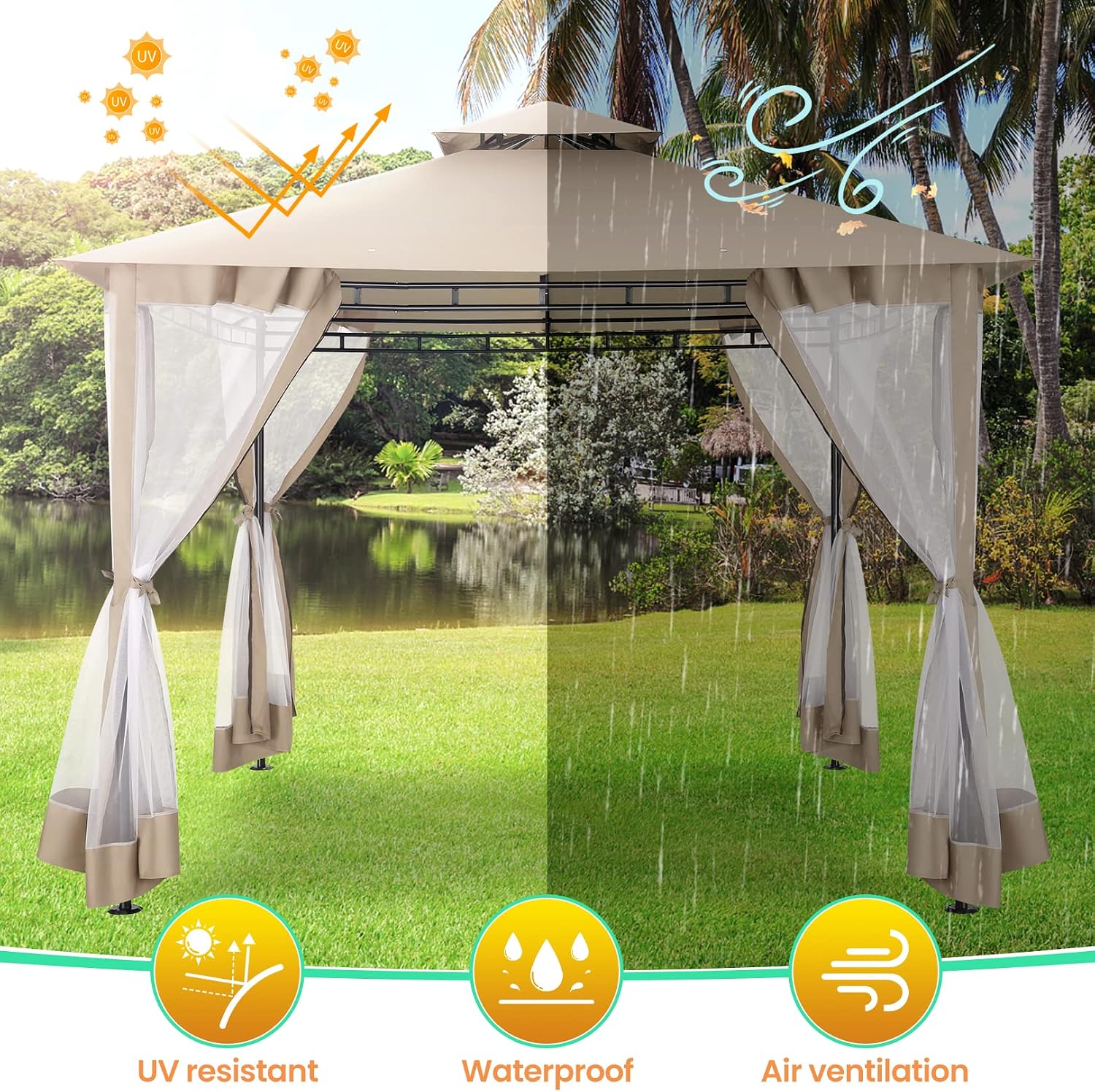 COBIZI Gazebo 10x10 Heavy Duty Gazebos with Improved Nettings Outdoor Gazebo Double Roof Patio Gazebos with Metal Steel Frame Outdoor Canopy for Patio, Deck, Backyard (Khaki)