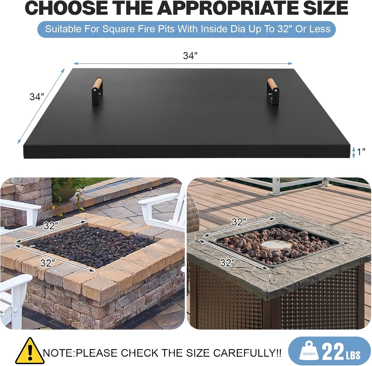 Fire Pit Lid Square 34', Heat Resistant Metal Firepit Cover with 2 Wooden Handles for Square Patio Fire Pit, Compatible for Firepits Inside Dia Up to 32'