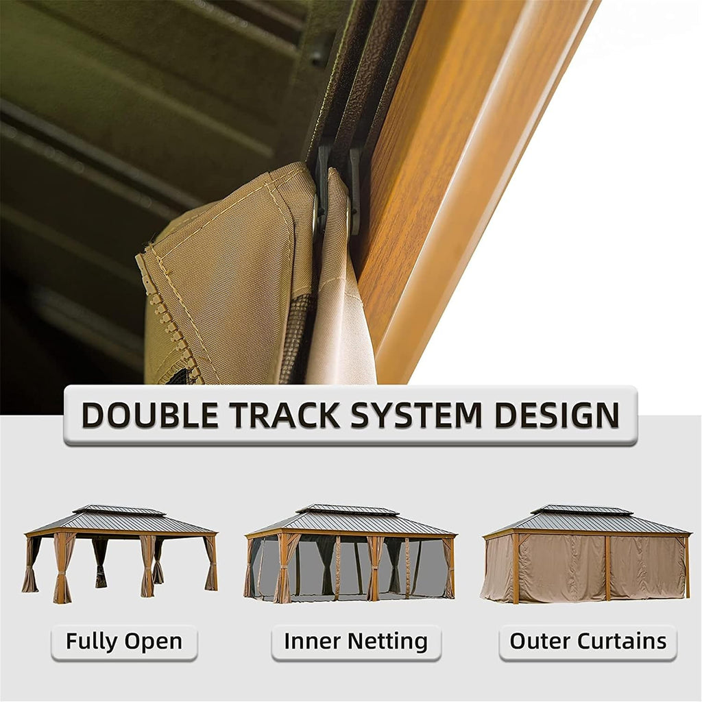 12x20Ft Hardtop Gazebo Wooden Coated Aluminum Frame Canopy Galvanized Steel Double Roof Outdoor Wood-Looking Permanent Metal Pavilion with Curtains and Netting for Patio Deck Lawn