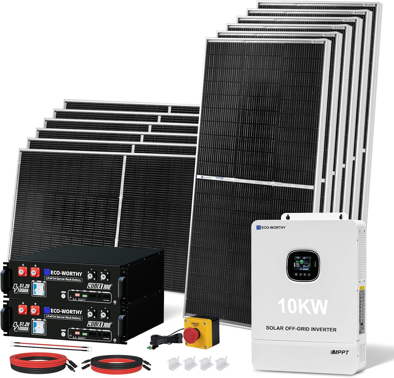 ECO-WORTHY 10KW Output 9.36KWH Off Grid Solar System Complete Kit for Home:12pcs 195W Solar Panels(2340W)+10KW 120V/240V Inverter (UL 1741)+ 2pcs 48V 100AH Lithium Batteries(UL 1973&UL 9540A)