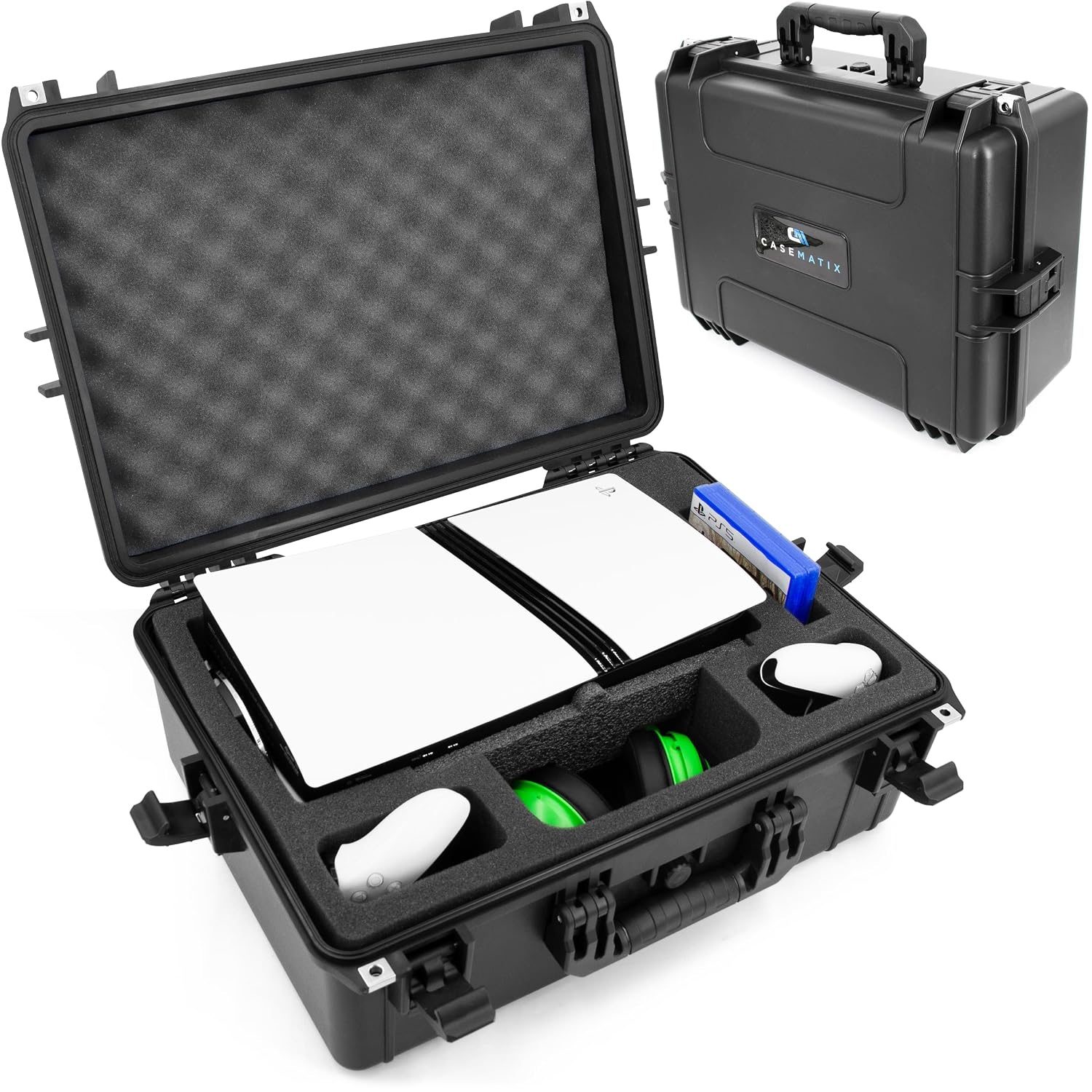 CASEMATIX Travel Case Compatible With PlayStation 5 Pro & PS5 Pro Disc Drive - Hard Shell Waterproof Case with Custom Foam for Console, Pro Controllers, Stand, Headset, Games & Accessories (Gray Lid)