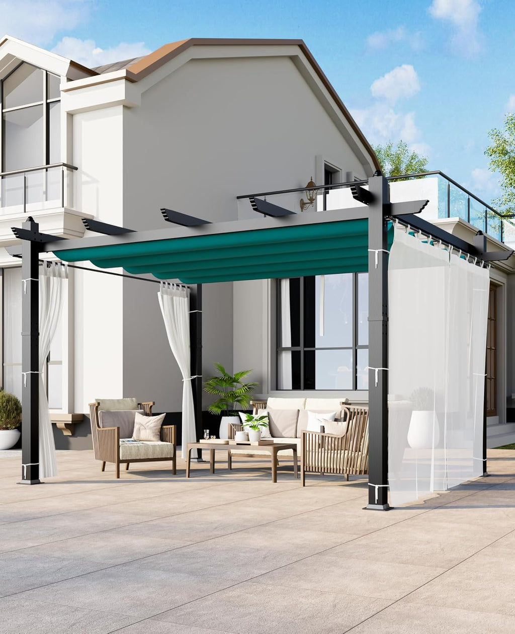 10x13 Ft Retractable Outdoor Pergola with Canopy and Side Mesh, Upgraded Gray Aluminum Pergola, Modern Pavilion for Backyard, Patio, Porch, Grape Trellis, Blue+White