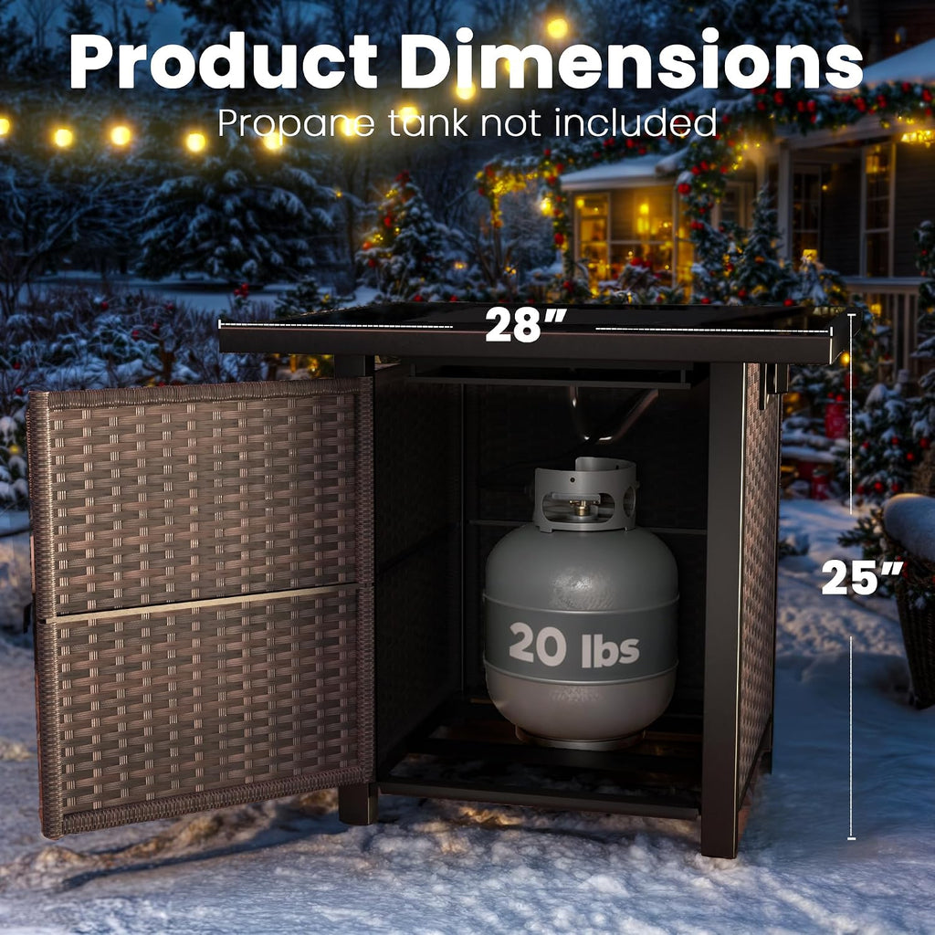 Propane Fire Pit Table, Outdoor Fire Pit Table, 28' Rattan Square Outdoor Gas FirePit with Glass Wind Guard, Tempered Glass Tabletop, Lid, CSA Listed, 50,000 BTU, Outside Patio Deck & Garden, Brown