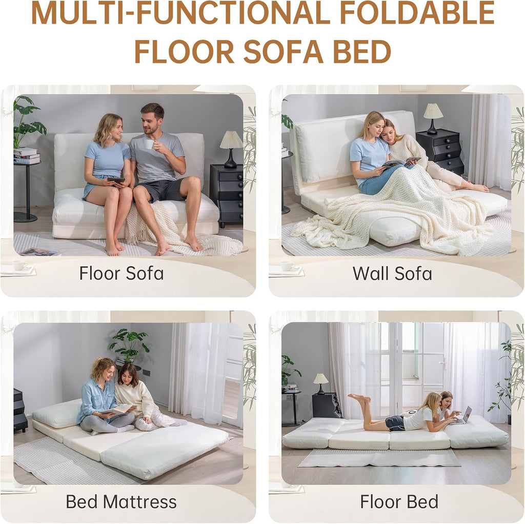 Cvortll 4-in-1 Folding Sofa Bed, Memory Foam Bean Bag Chair, Large Convertible Couch for Adults Bedroom, Living Room, Apartment (Beige-Large)